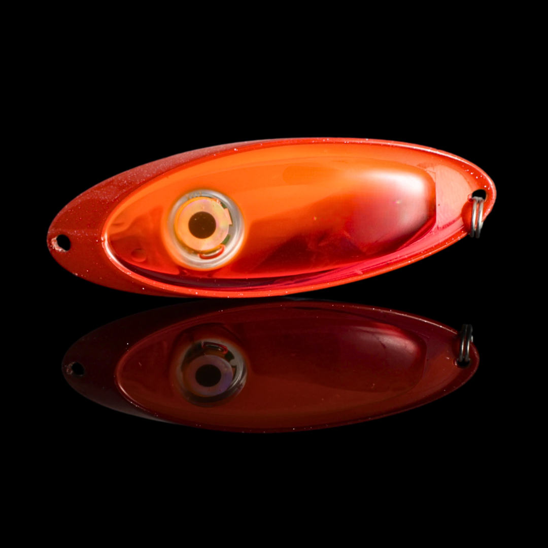 Norolanin Arctic Light Oranssi/Punainen Led valopilkki, uniikki ja käsityönä valmistettu vilkkuva pilkki raudulle ja ahvenelle, saatavilla kahdessa koossa.